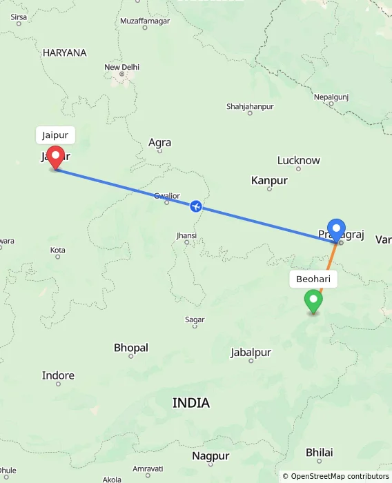 Route map showing distance and travel time from Beohari, India to Jaipur, India