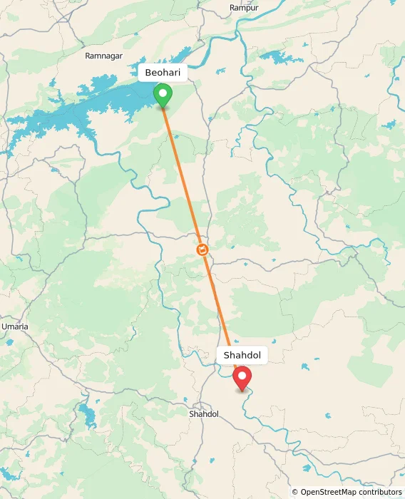 Route map showing distance and travel time from Beohari, India to Shahdol, India