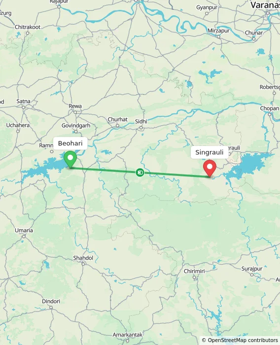 Route map showing distance and travel time from Beohari, India to Singrauli, India