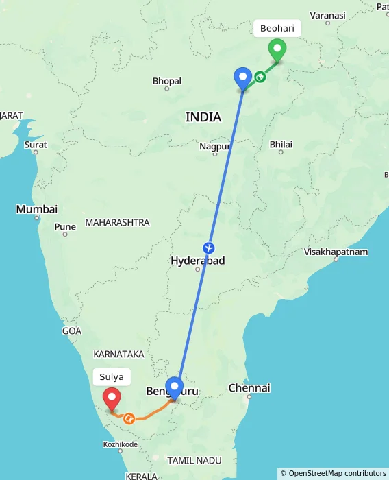 Route map showing distance and travel time from Beohari, India to Sulya, India
