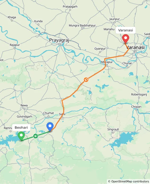 Route map showing distance and travel time from Beohari, India to Varanasi, India