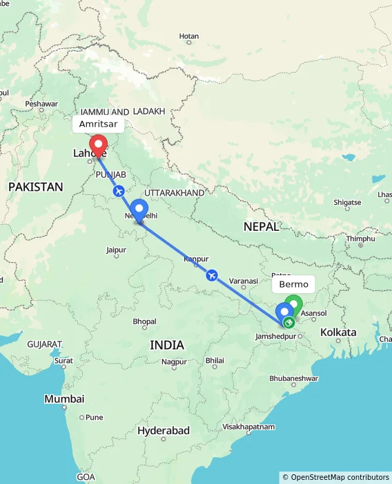 Route map showing distance and travel time from Bermo, India to Amritsar, India