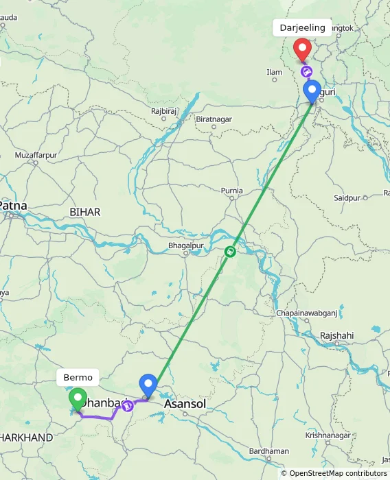 Route map showing distance and travel time from Bermo, India to Darjeeling, India