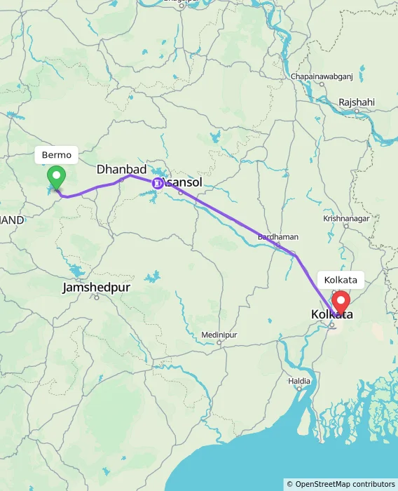 Route map showing distance and travel time from Bermo, India to Kolkata, India