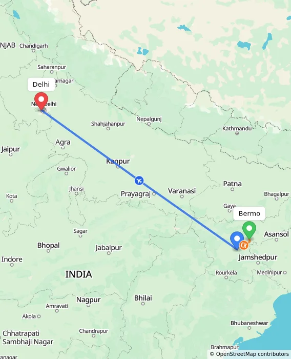 Route map showing distance and travel time from Bermo, India to Delhi, India