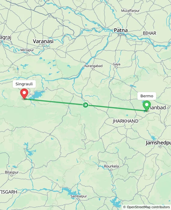 Route map showing distance and travel time from Bermo, India to Singrauli, India