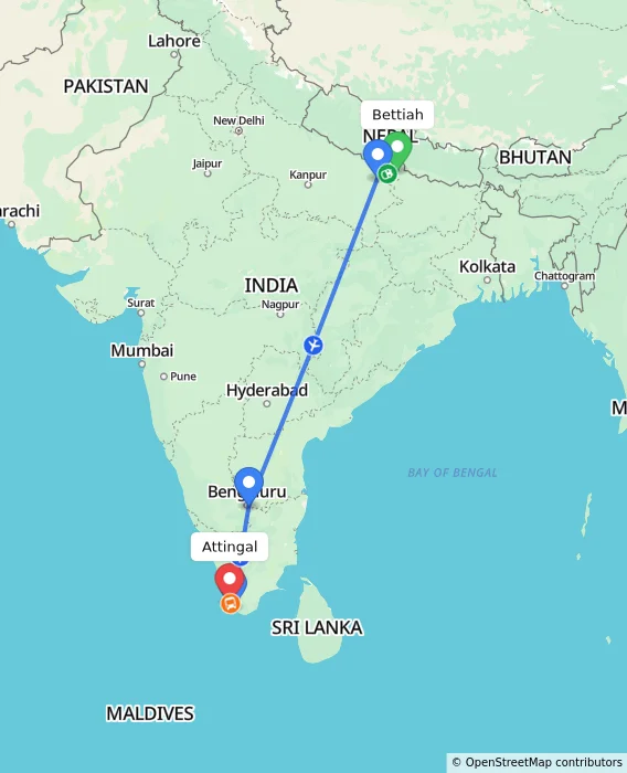 Route map showing distance and travel time from Bettiah, India to Attingal, India