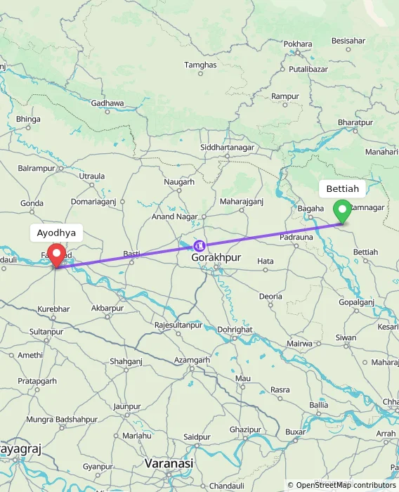Route map showing distance and travel time from Bettiah, India to Ayodhya, India