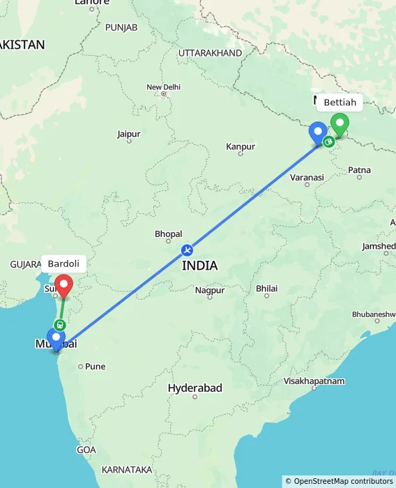 Route map showing distance and travel time from Bettiah, India to Bardoli, India