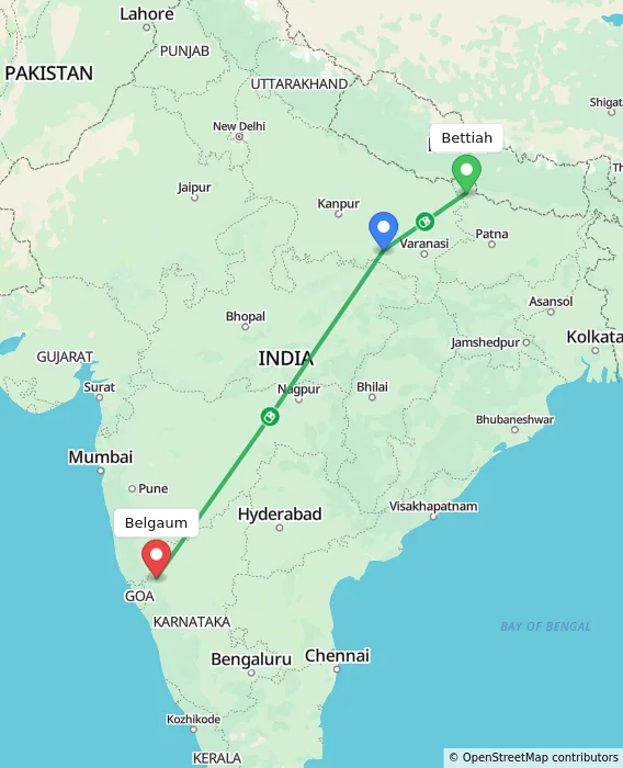 Route map showing distance and travel time from Bettiah, India to Belgaum, India