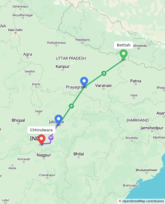 Route map showing distance and travel time from Bettiah, India to Chhindwara, India