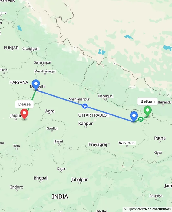 Route map showing distance and travel time from Bettiah, India to Dausa, India