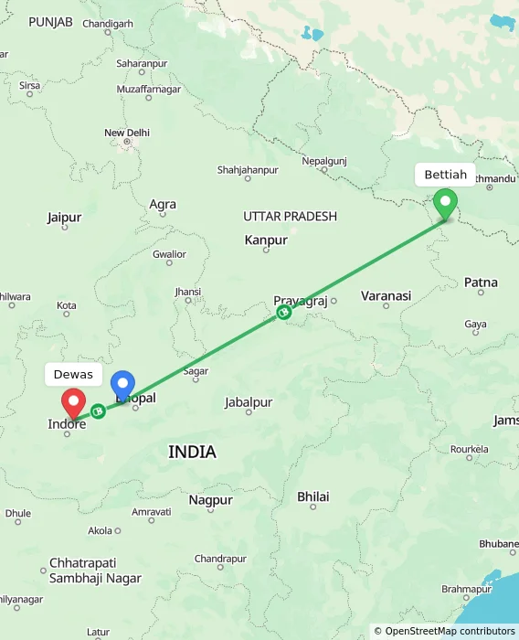 Route map showing distance and travel time from Bettiah, India to Dewas, India