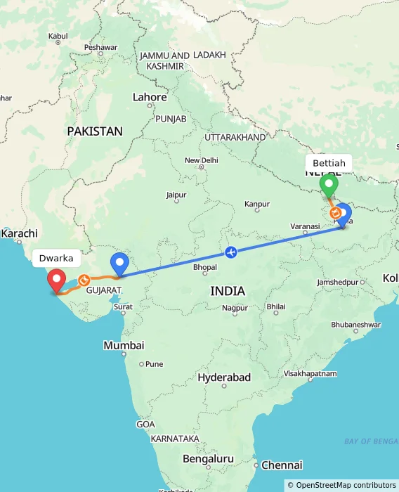 Route map showing distance and travel time from Bettiah, India to Dwarka, India