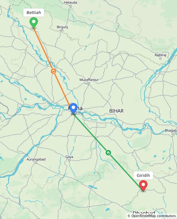 Route map showing distance and travel time from Bettiah, India to Giridih, India