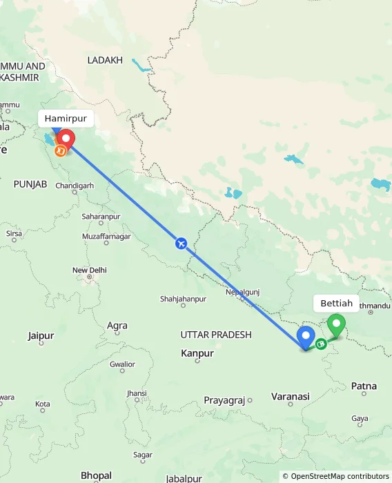 Route map showing distance and travel time from Bettiah, India to Hamirpur, India
