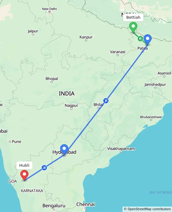 Route map showing distance and travel time from Bettiah, India to Hubli, India