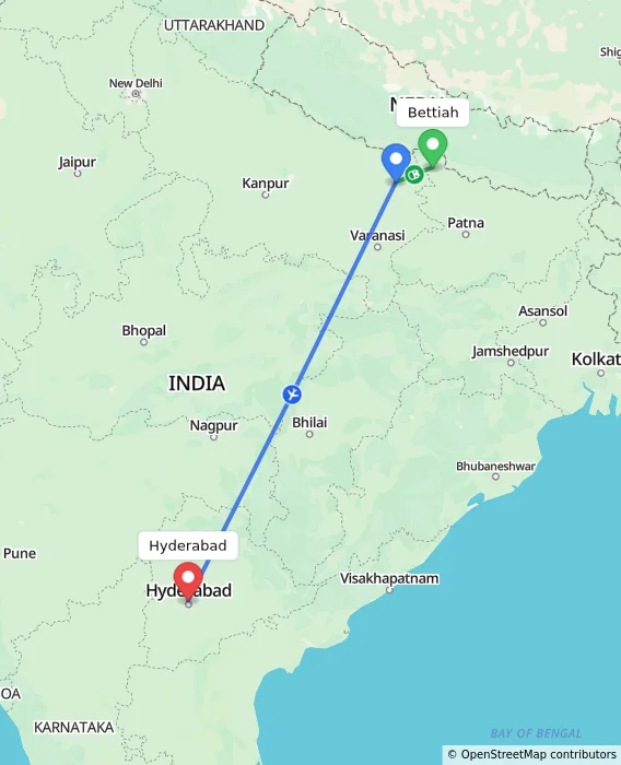 Route map showing distance and travel time from Bettiah, India to Hyderabad, India