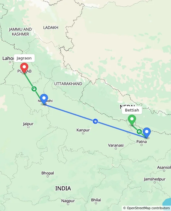 Route map showing distance and travel time from Bettiah, India to Jagraon, India