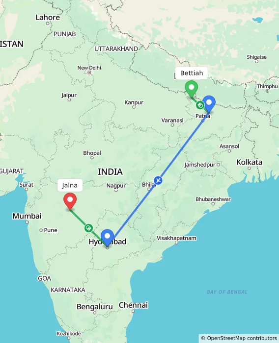 Route map showing distance and travel time from Bettiah, India to Jalna, India