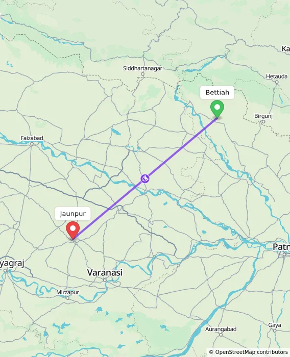 Route map showing distance and travel time from Bettiah, India to Jaunpur, India