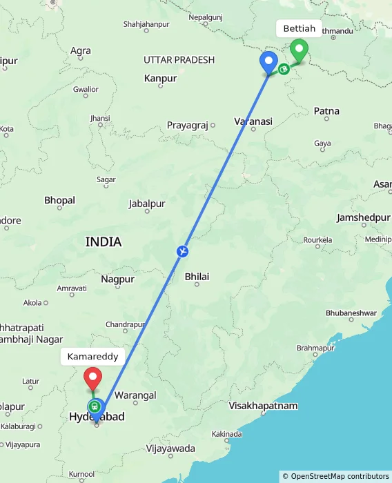 Route map showing distance and travel time from Bettiah, India to Kamareddy, India