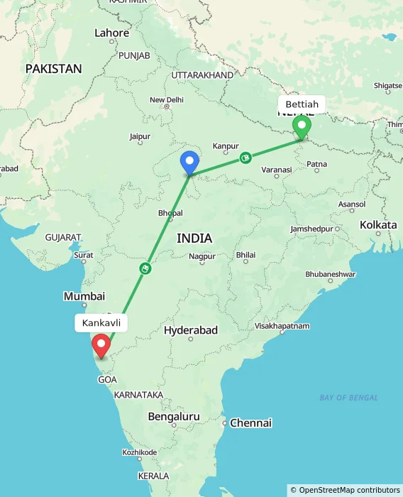 Route map showing distance and travel time from Bettiah, India to Kankavli, India
