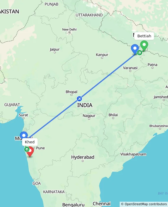 Route map showing distance and travel time from Bettiah, India to Khed, India