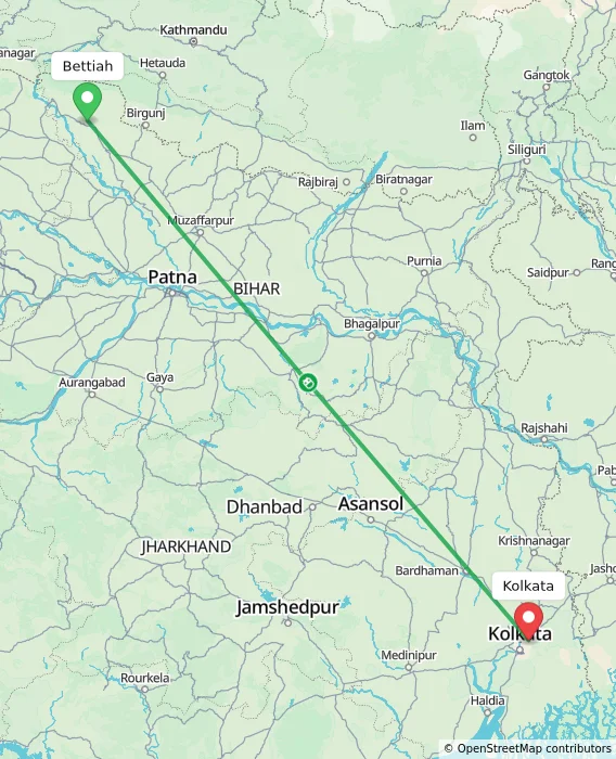 Route map showing distance and travel time from Bettiah, India to Kolkata, India