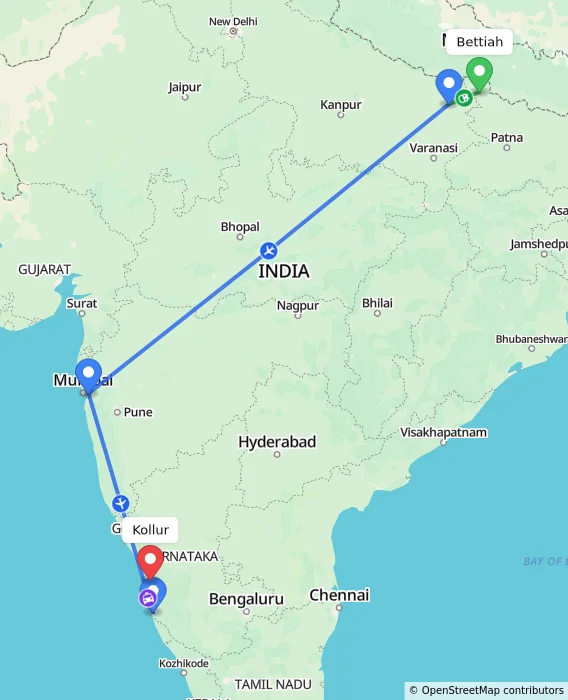 Route map showing distance and travel time from Bettiah, India to Kollur, India