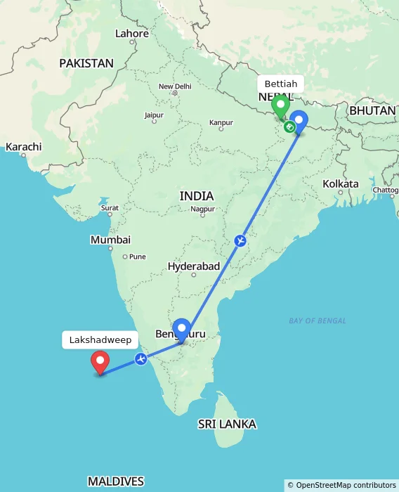 Route map showing distance and travel time from Bettiah, India to Lakshadweep, India
