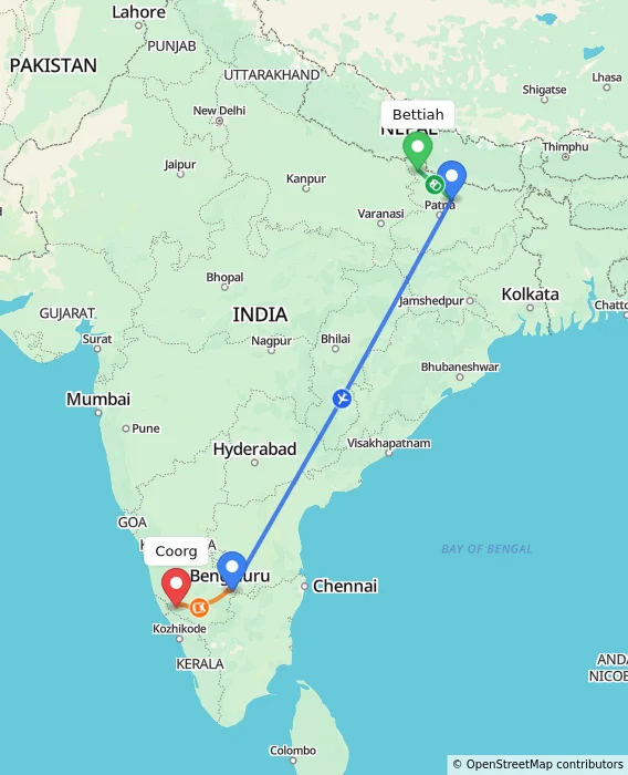 Route map showing distance and travel time from Bettiah, India to Madikeri, India