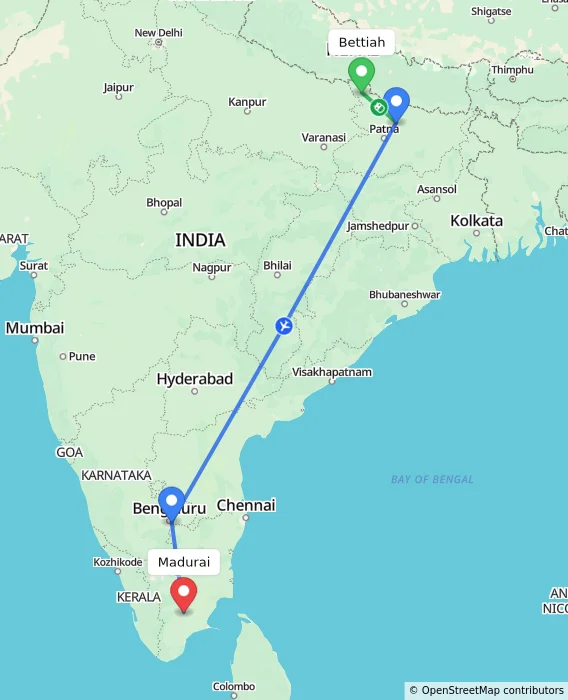 Route map showing distance and travel time from Bettiah, India to Madurai, India