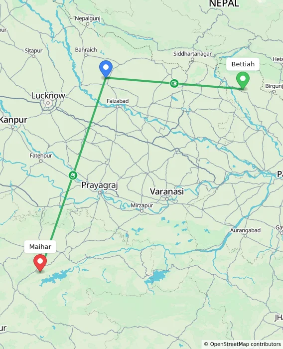 Route map showing distance and travel time from Bettiah, India to Maihar, India