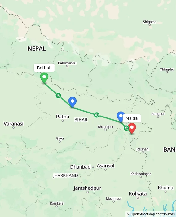 Route map showing distance and travel time from Bettiah, India to Malda, India