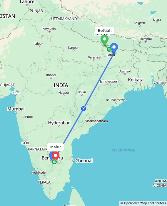Route map showing distance and travel time from Bettiah, India to Malur, India