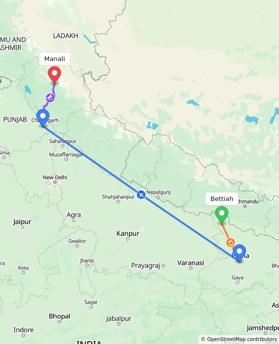 Route map showing distance and travel time from Bettiah, India to Manali, India