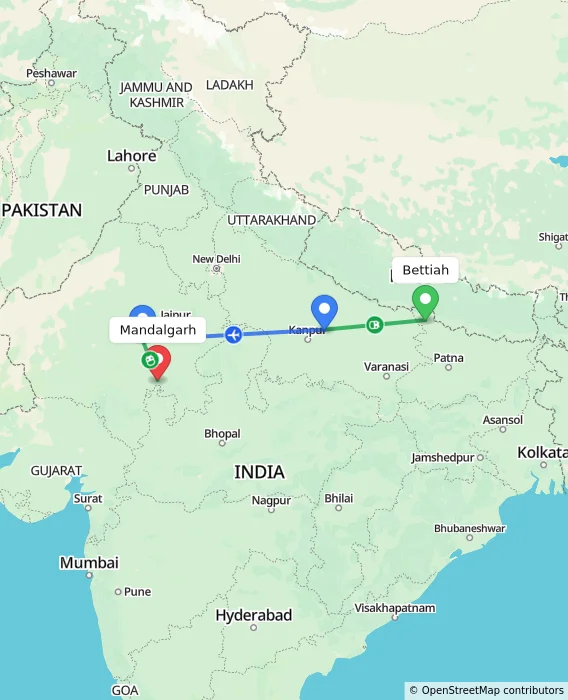 Route map showing distance and travel time from Bettiah, India to Mandalgarh, India