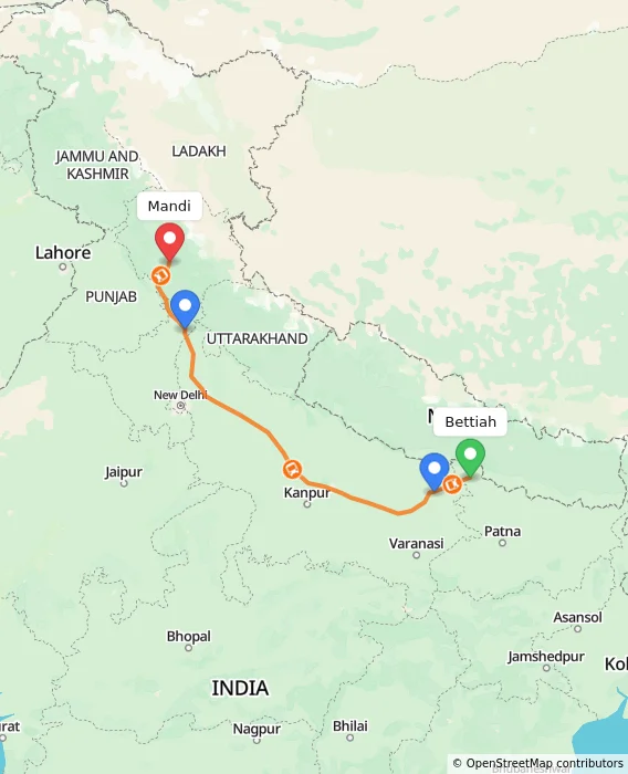 Route map showing distance and travel time from Bettiah, India to Mandi, India