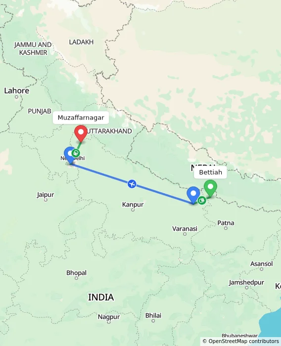Route map showing distance and travel time from Bettiah, India to Muzaffarnagar, India