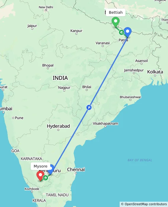 Route map showing distance and travel time from Bettiah, India to Mysore, India