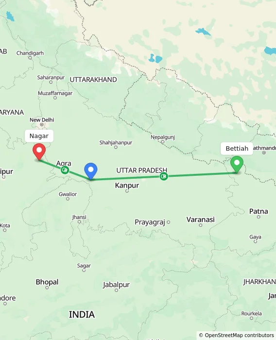 Route map showing distance and travel time from Bettiah, India to Nagar, India