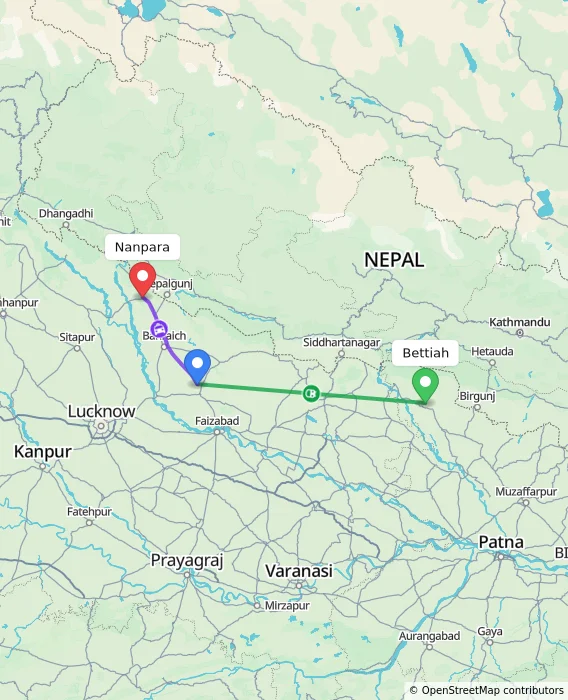 Route map showing distance and travel time from Bettiah, India to Nanpara, India