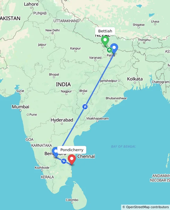 Route map showing distance and travel time from Bettiah, India to Pondicherry, India