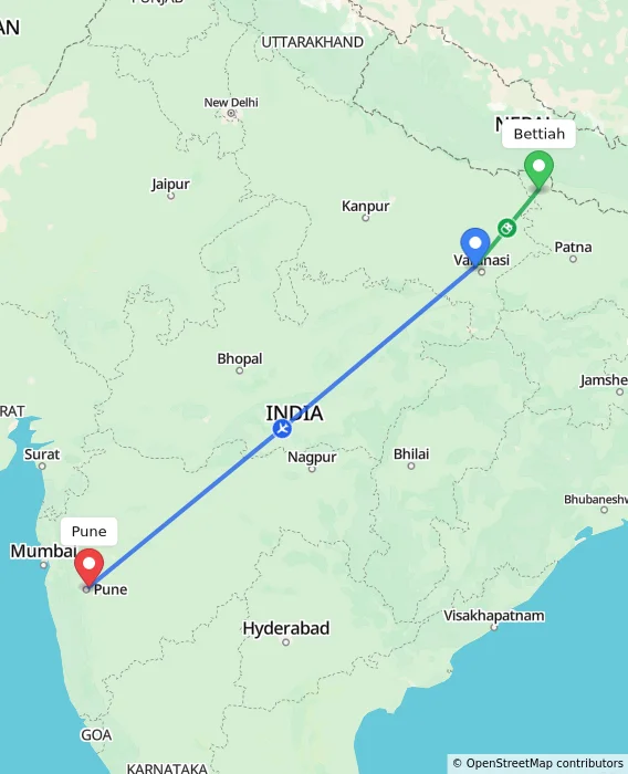 Route map showing distance and travel time from Bettiah, India to Pune, India