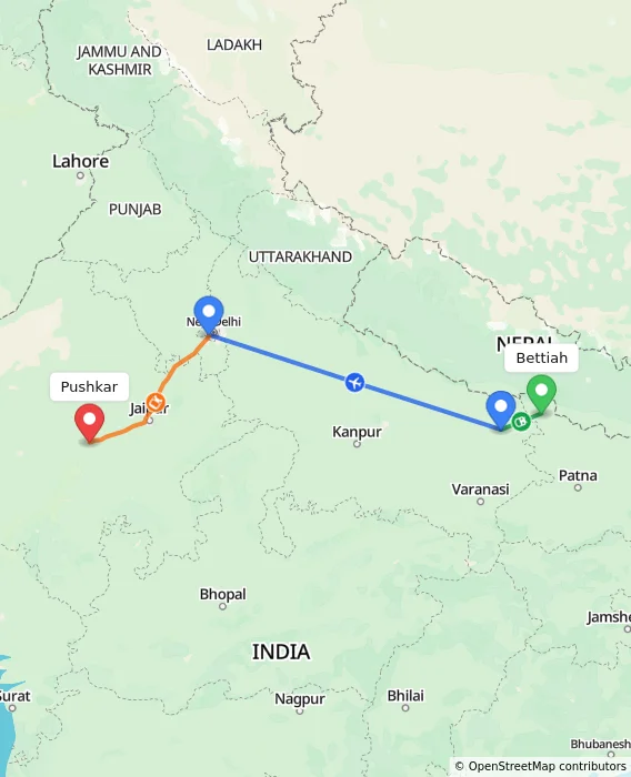 Route map showing distance and travel time from Bettiah, India to Pushkar, India