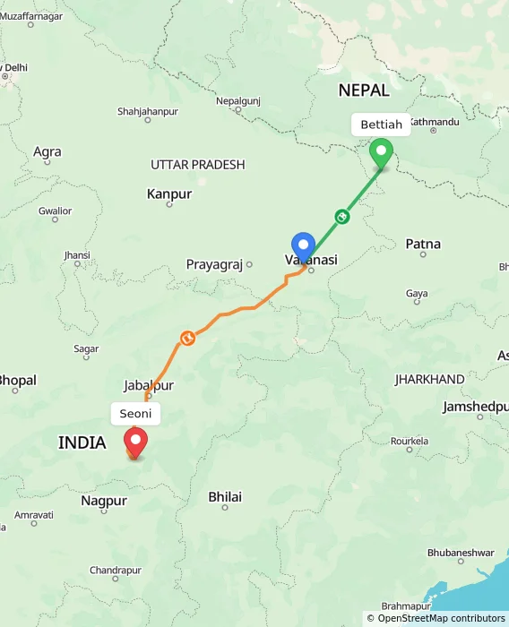 Route map showing distance and travel time from Bettiah, India to Seoni, India
