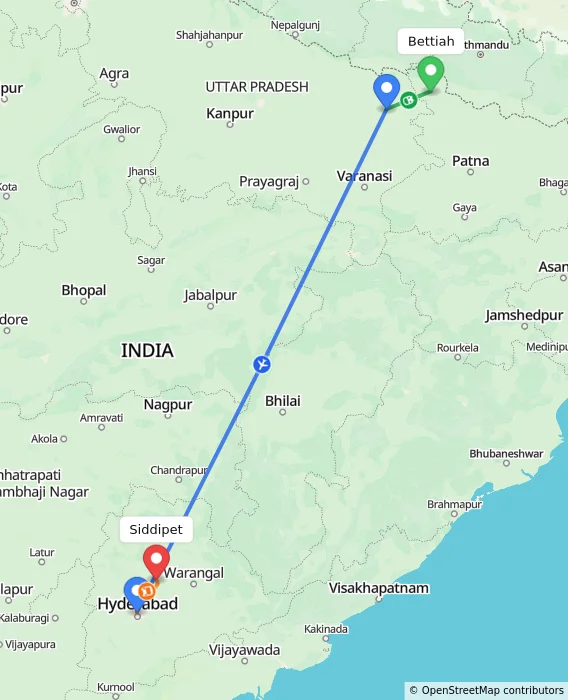 Route map showing distance and travel time from Bettiah, India to Siddipet, India