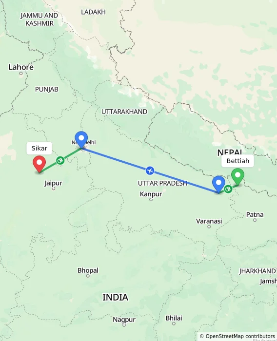 Route map showing distance and travel time from Bettiah, India to Sikar, India