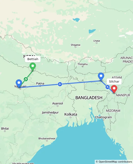 Route map showing distance and travel time from Bettiah, India to Silchar, India
